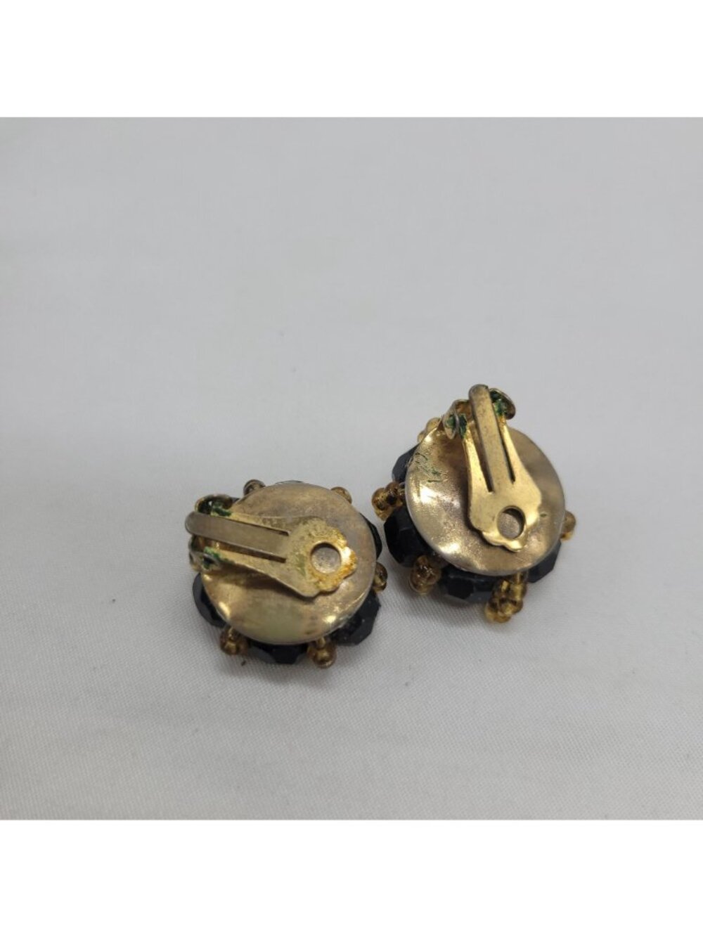 Vintage Black & Amber Beaded Clip-On Earrings Gold-Tone Backing Retro Jewelry - Picture 3 of 9